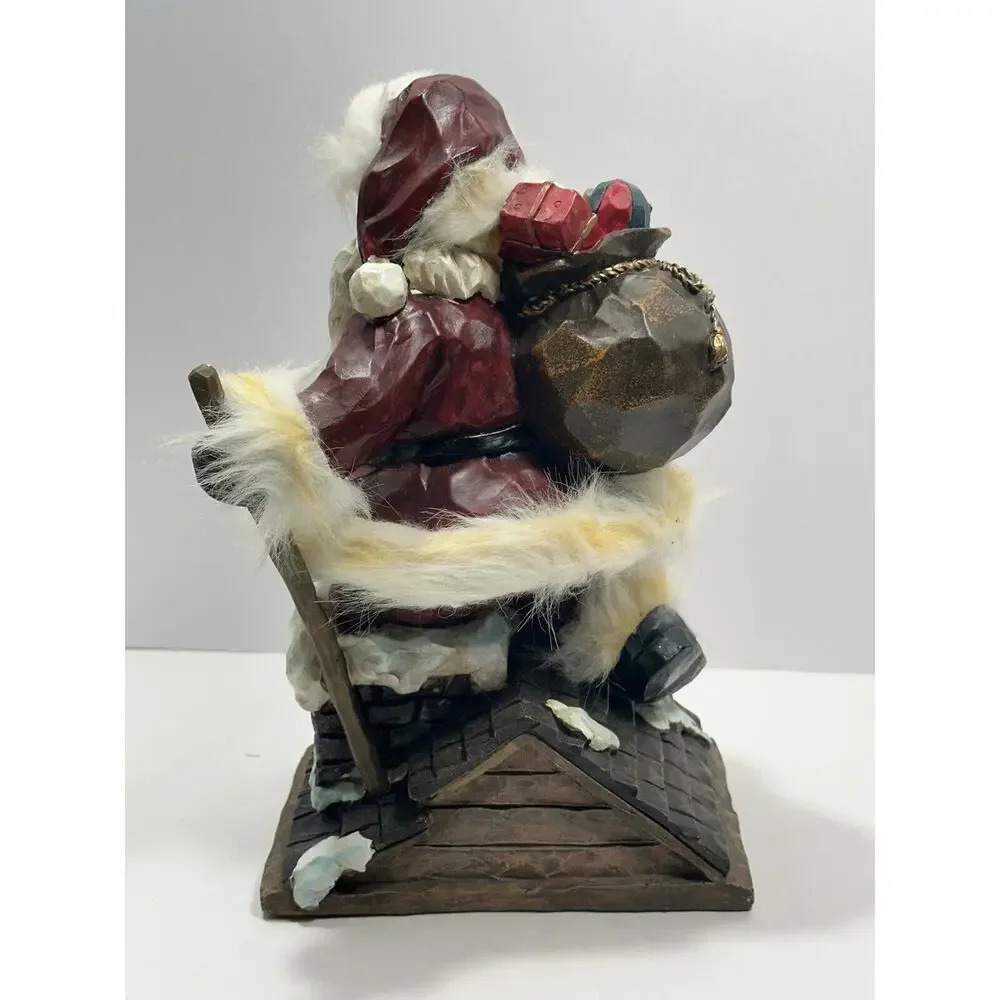 Vintage Wood Carved Art Santa Claus Entering Chimney With Sack Of‎ Toys Figure